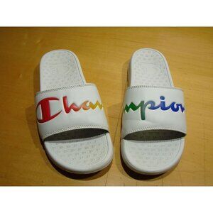 Champion Womens White Super Split Script Open Toe Slide Sandals Size US 8W